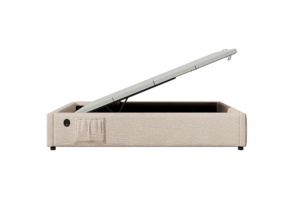 Lit coffre rembourré 90x190 cm - Prise USB C - Sommier à lattes - sans tête de lit - Lin - Beige