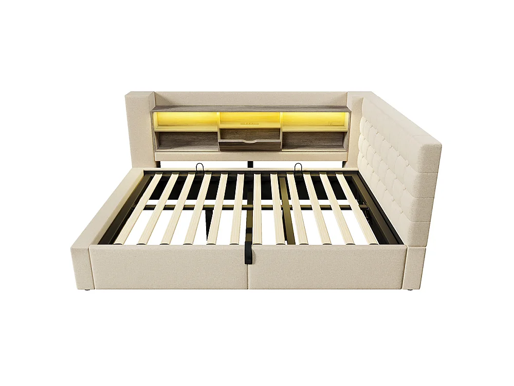 Canapé lit coffre 140 x 190 cm, éclairage LED et port USB-Type C, Tête de lit en L avec rangement, Sommier à lattes, Lin, Beige