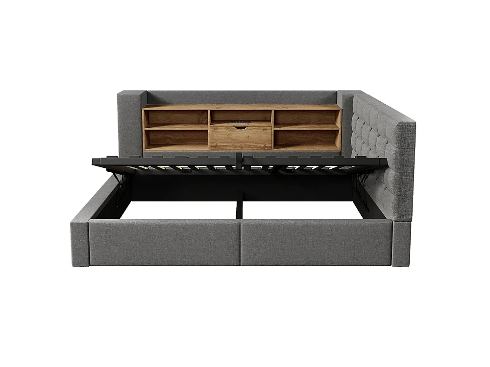 Canapé lit coffre 90 x 200 cm, éclairage LED et port USB-Type C, Tête de lit en L avec rangement, Sommier à lattes, Lin, Gris