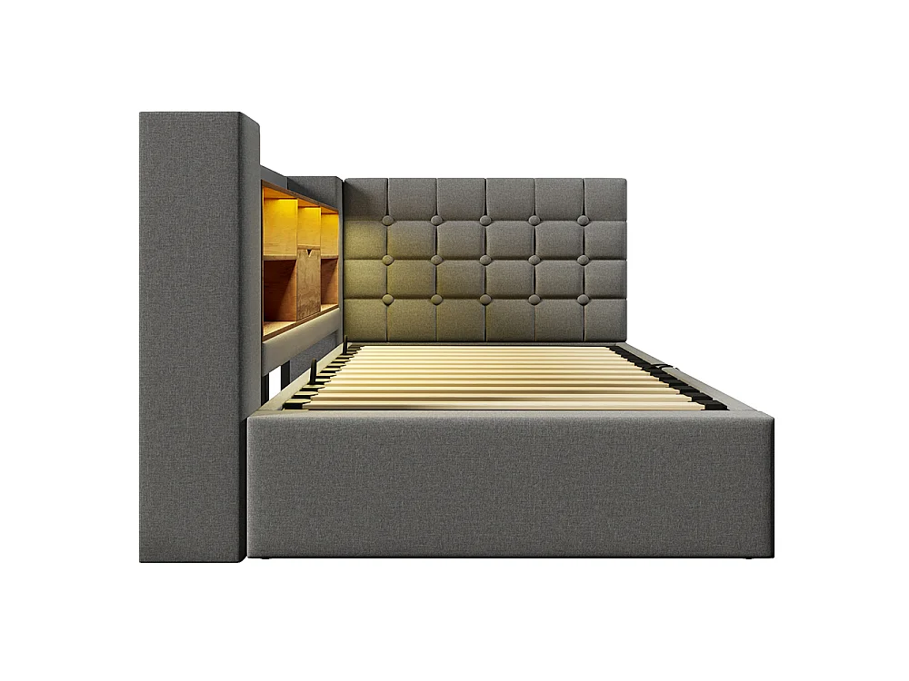 Canapé lit coffre 90 x 200 cm, éclairage LED et port USB-Type C, Tête de lit en L avec rangement, Sommier à lattes, Lin, Gris