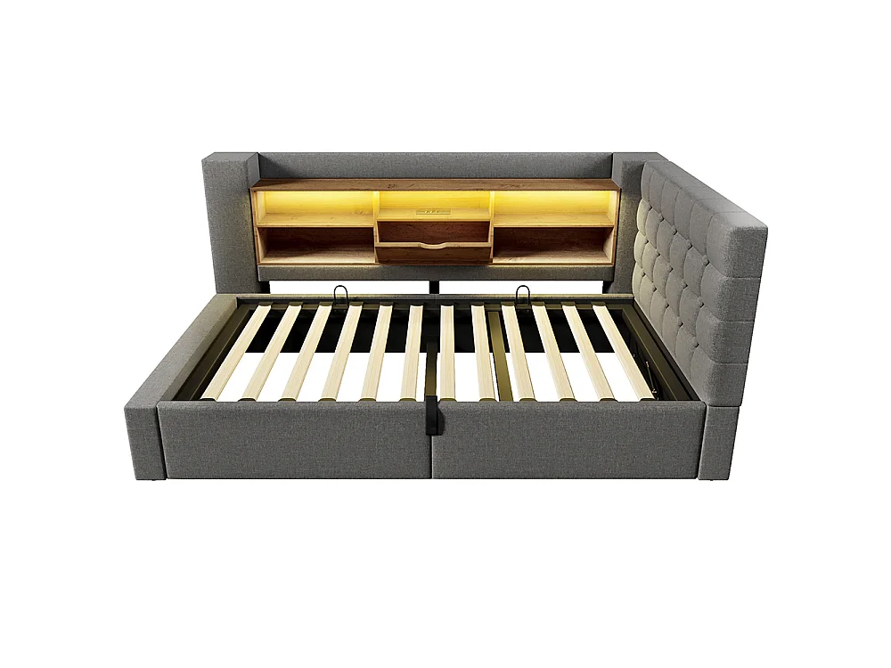 Canapé lit coffre 90 x 200 cm, éclairage LED et port USB-Type C, Tête de lit en L avec rangement, Sommier à lattes, Lin, Gris