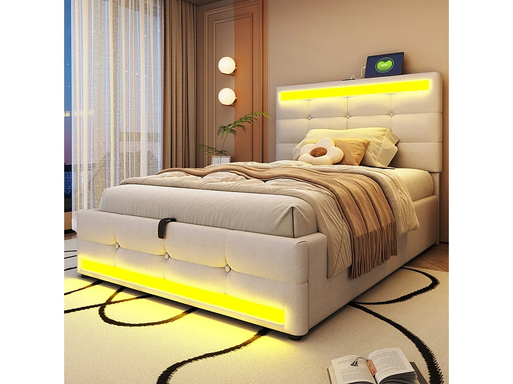 Lit coffre rembourré 90x200 cm - rangement hydraulique - port USB - éclairage LED - Tête de lit réglable en hauteur - lin - beige