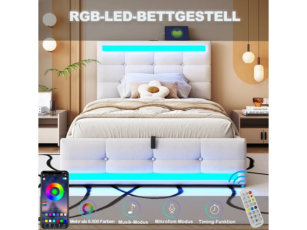 Lit coffre rembourré 90x200 cm - rangement hydraulique - port USB - éclairage LED - Tête de lit réglable en hauteur - lin - beige