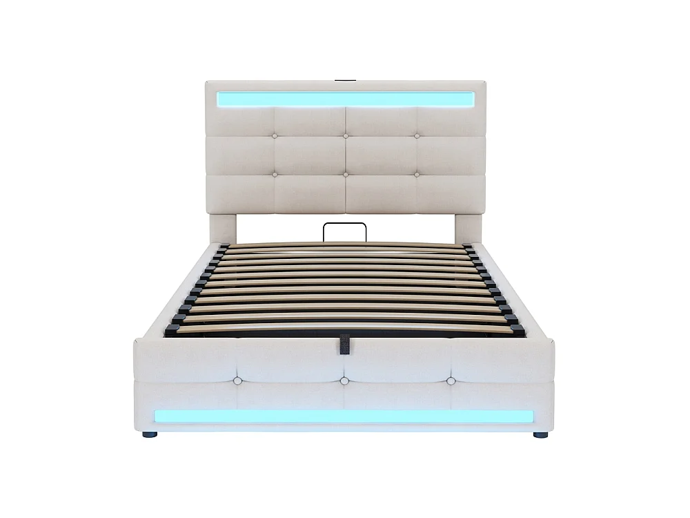 Lit coffre rembourré 90x200 cm - rangement hydraulique - port USB - éclairage LED - Tête de lit réglable en hauteur - lin - beige