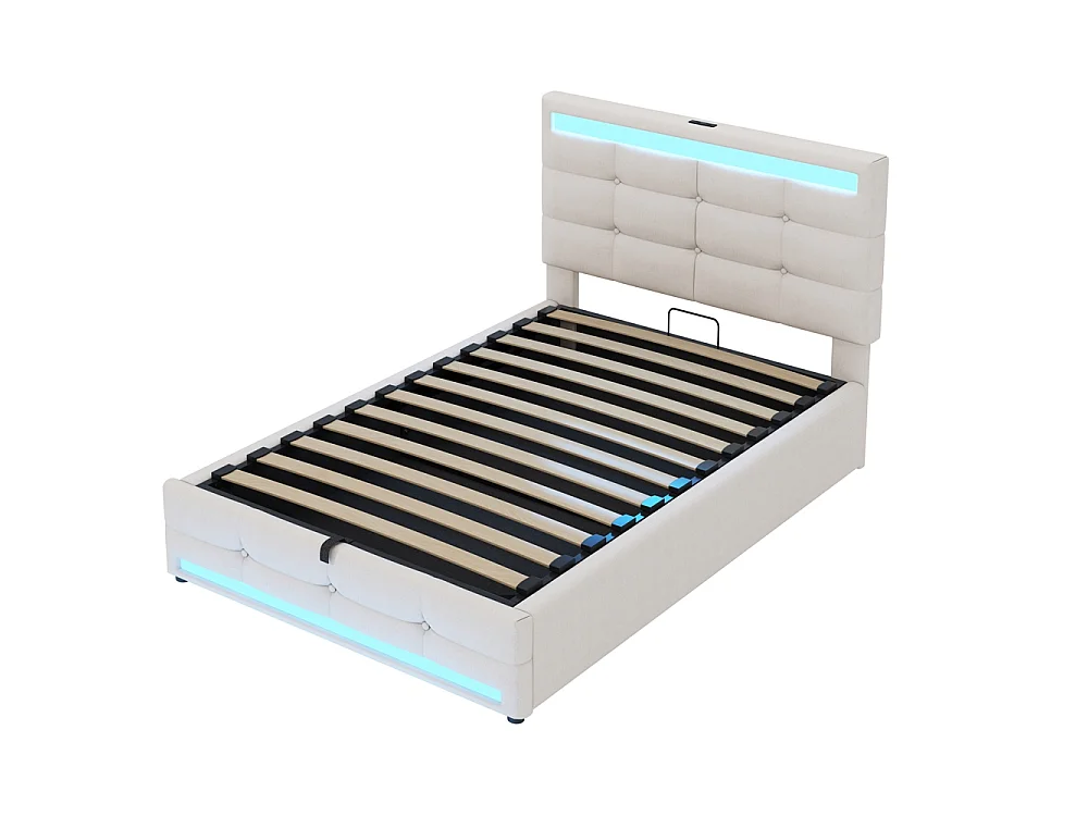 Lit coffre rembourré 90x200 cm - rangement hydraulique - port USB - éclairage LED - Tête de lit réglable en hauteur - lin - beige