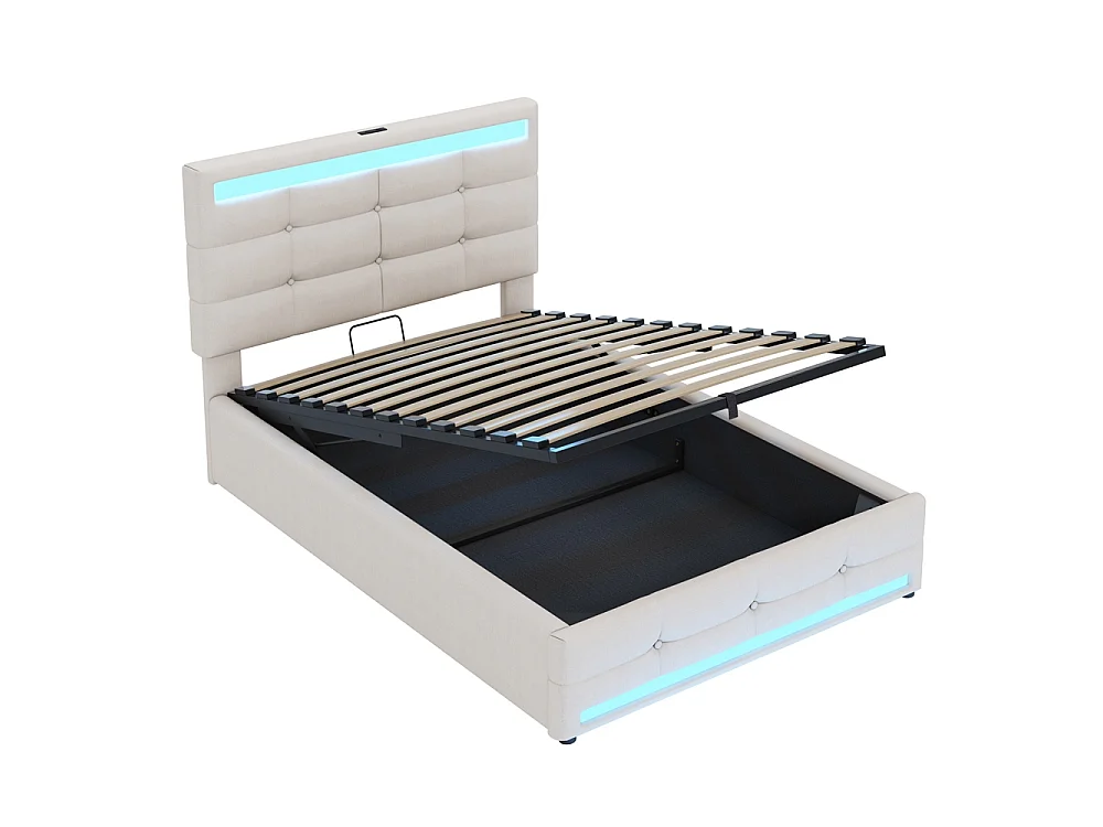 Lit coffre rembourré 90x200 cm - rangement hydraulique - port USB - éclairage LED - Tête de lit réglable en hauteur - lin - beige