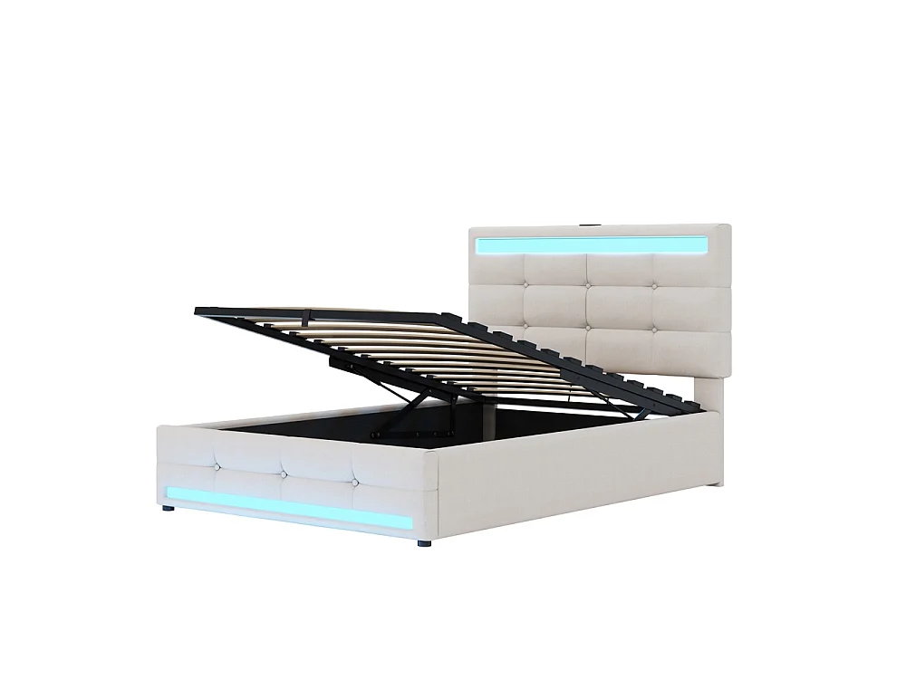 Lit coffre rembourré 90x200 cm - rangement hydraulique - port USB - éclairage LED - Tête de lit réglable en hauteur - lin - beige