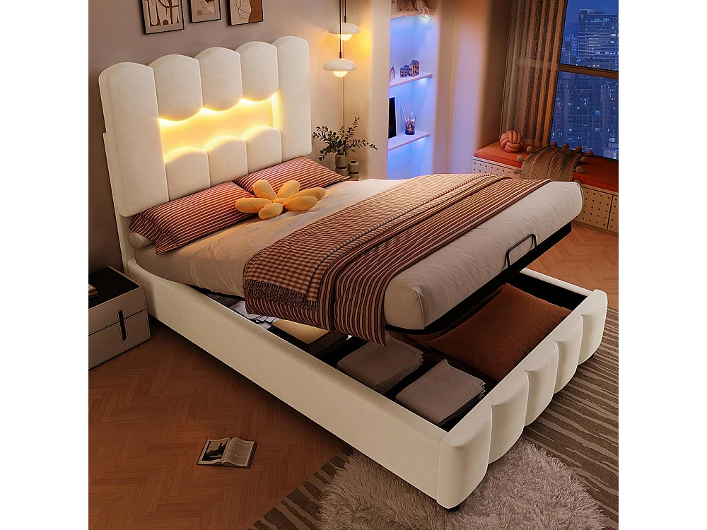Lit coffre rembourré 90 x 200 cm - avec éclairage LED - tête de lit réglable - lit hydraulique avec rangement - velours - beige