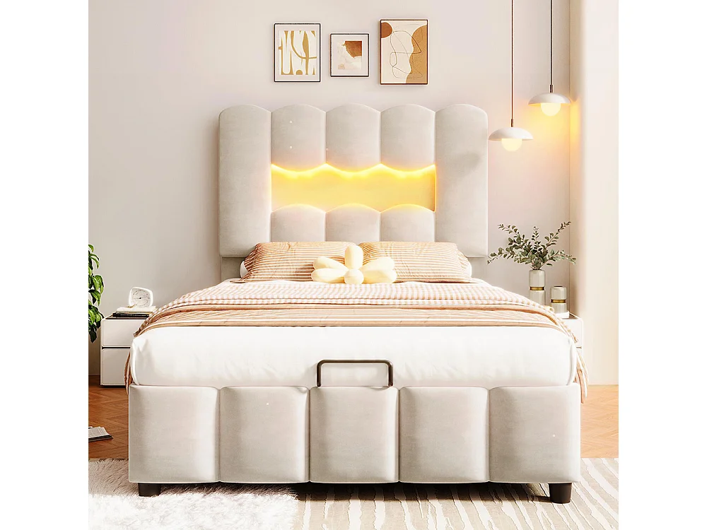 Lit coffre rembourré 90 x 200 cm - avec éclairage LED - tête de lit réglable - lit hydraulique avec rangement - velours - beige