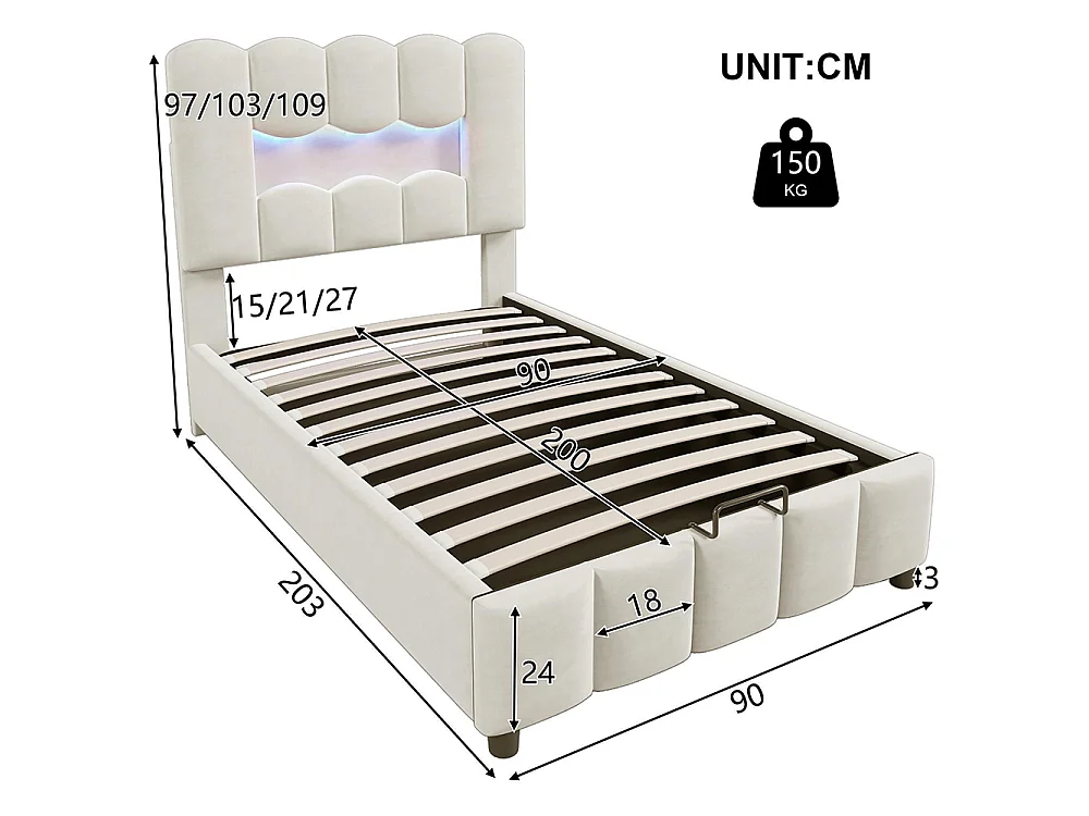 Lit coffre rembourré 90 x 200 cm - avec éclairage LED - tête de lit réglable - lit hydraulique avec rangement - velours - beige