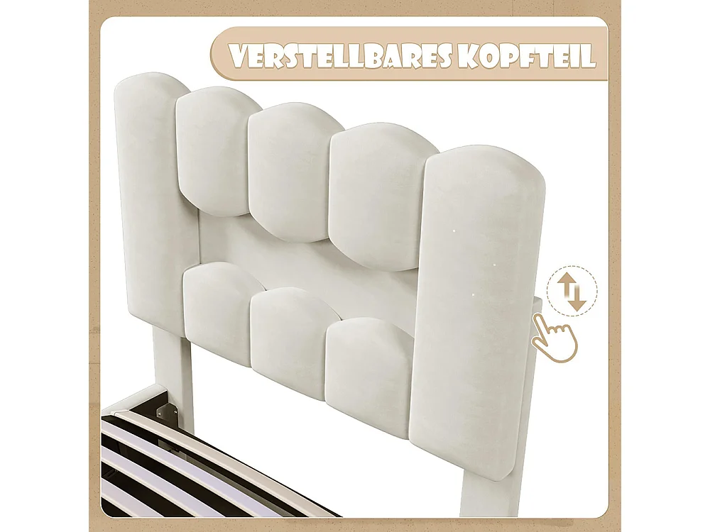 Lit coffre rembourré 90 x 200 cm - avec éclairage LED - tête de lit réglable - lit hydraulique avec rangement - velours - beige