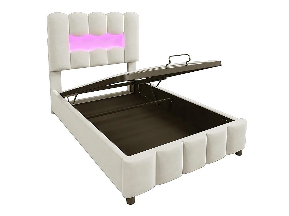 Lit coffre rembourré 90 x 200 cm - avec éclairage LED - tête de lit réglable - lit hydraulique avec rangement - velours - beige
