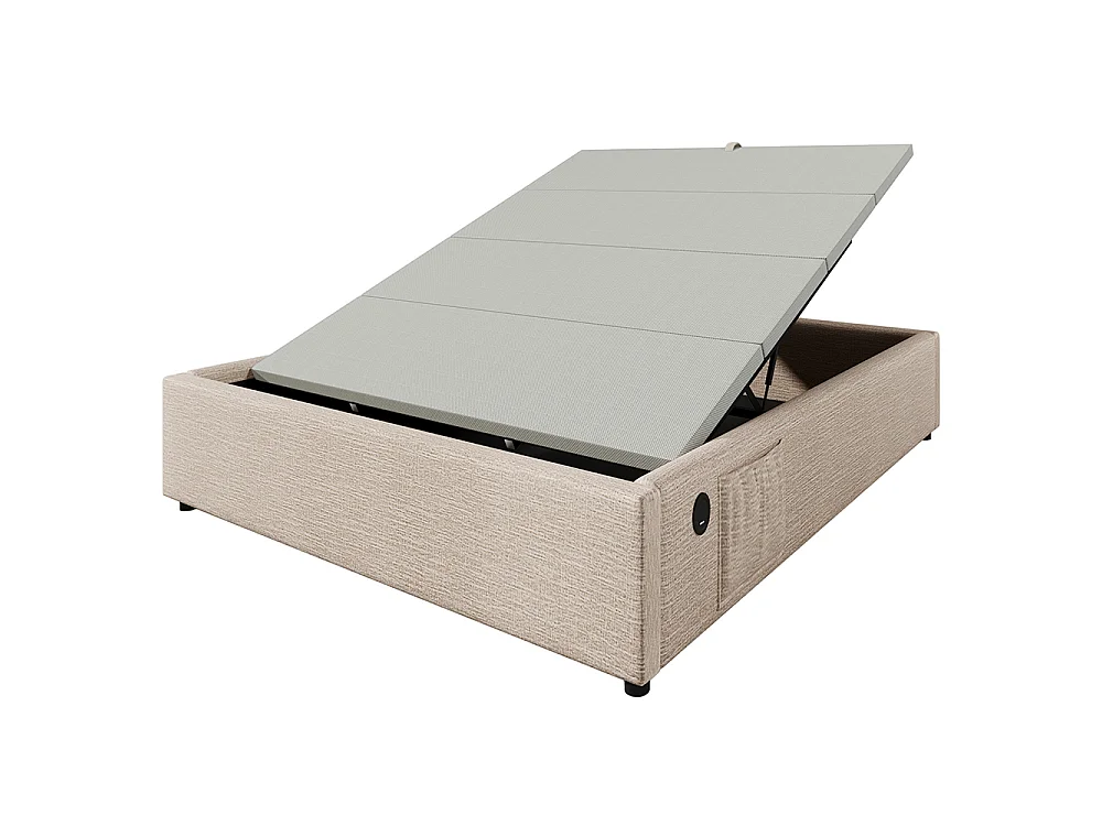 Lit coffre rembourré 140x200 cm - Prise USB C - Sommier à lattes - sans tête de lit - Lin - Beige