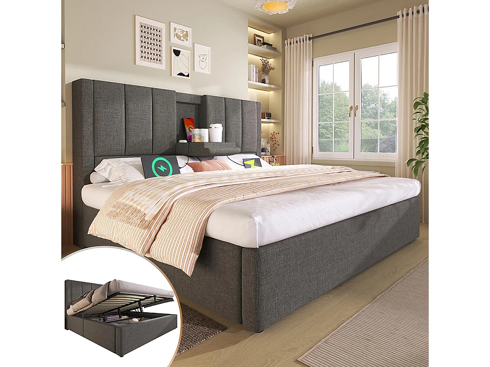 Lit coffre rembourré 140x190 cm avec porte-gobelet - Ports USB et Type C - Lit hydraulique avec rangement - Lin - Gris