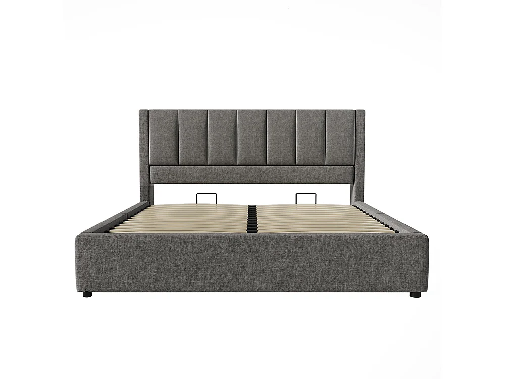 Lit coffre rembourré 140x190 cm avec porte-gobelet - Ports USB et Type C - Lit hydraulique avec rangement - Lin - Gris