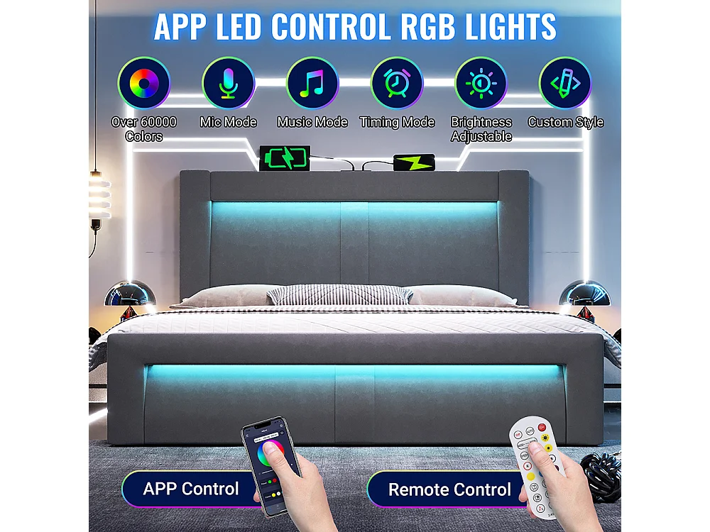 Lit coffre rembourré 140x200 cm, Lit double avec rangement, APP-Control LED, USB et Type-C, Tête de lit incurvée, Velours, Gris