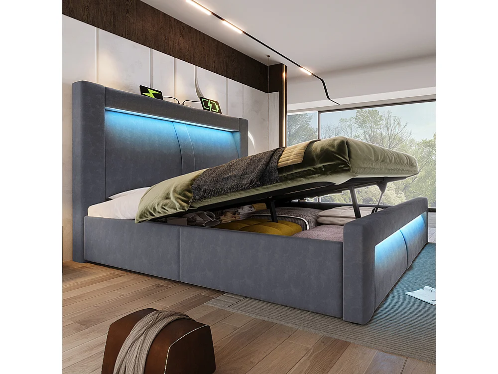 Lit coffre rembourré 140x200 cm, Lit double avec rangement, APP-Control LED, USB et Type-C, Tête de lit incurvée, Velours, Gris