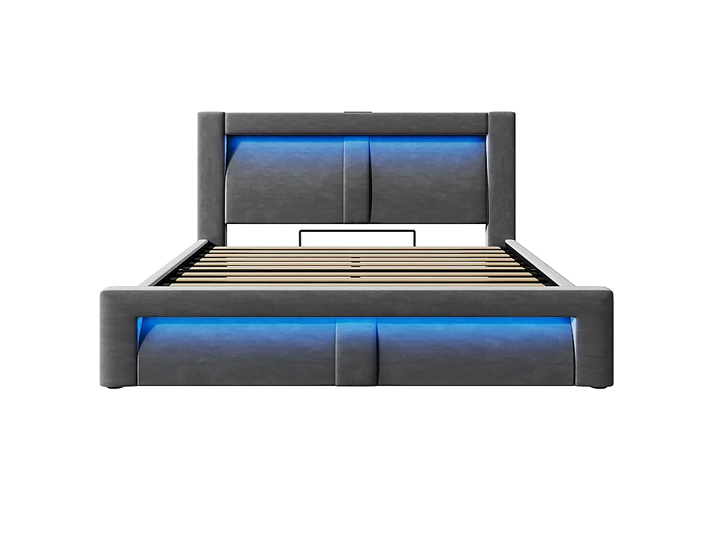 Lit coffre rembourré 140x200 cm, Lit double avec rangement, APP-Control LED, USB et Type-C, Tête de lit incurvée, Velours, Gris