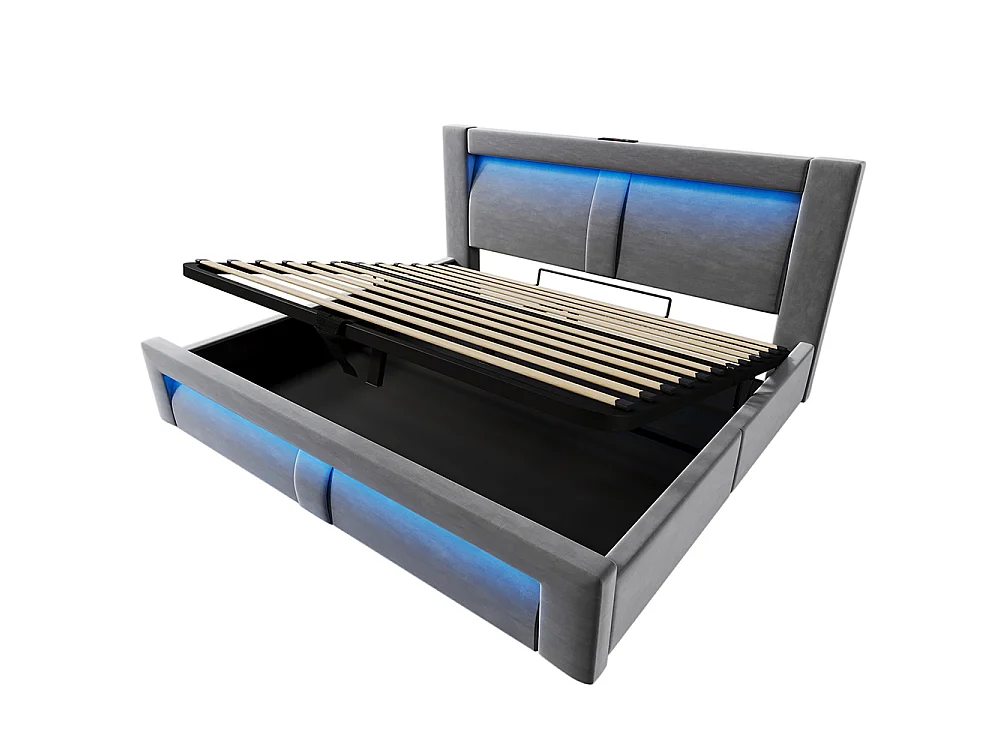 Lit coffre rembourré 140x200 cm, Lit double avec rangement, APP-Control LED, USB et Type-C, Tête de lit incurvée, Velours, Gris
