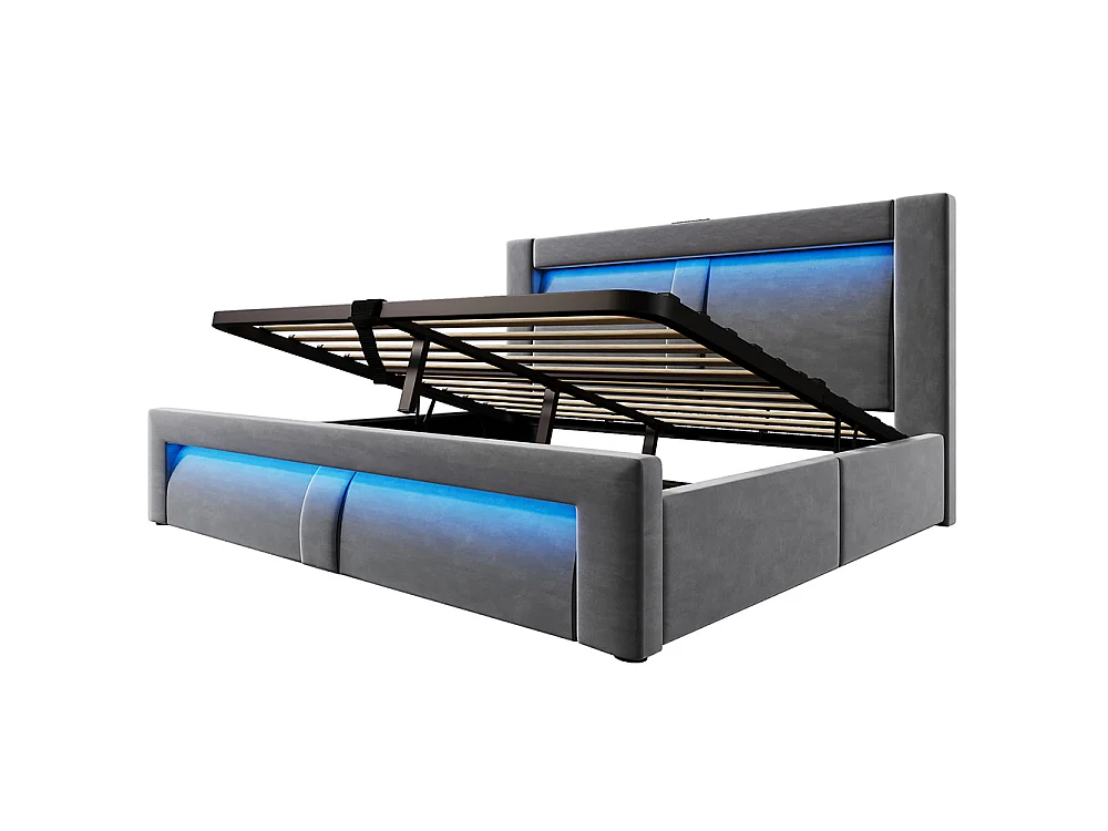 Lit coffre rembourré 140x200 cm, Lit double avec rangement, APP-Control LED, USB et Type-C, Tête de lit incurvée, Velours, Gris