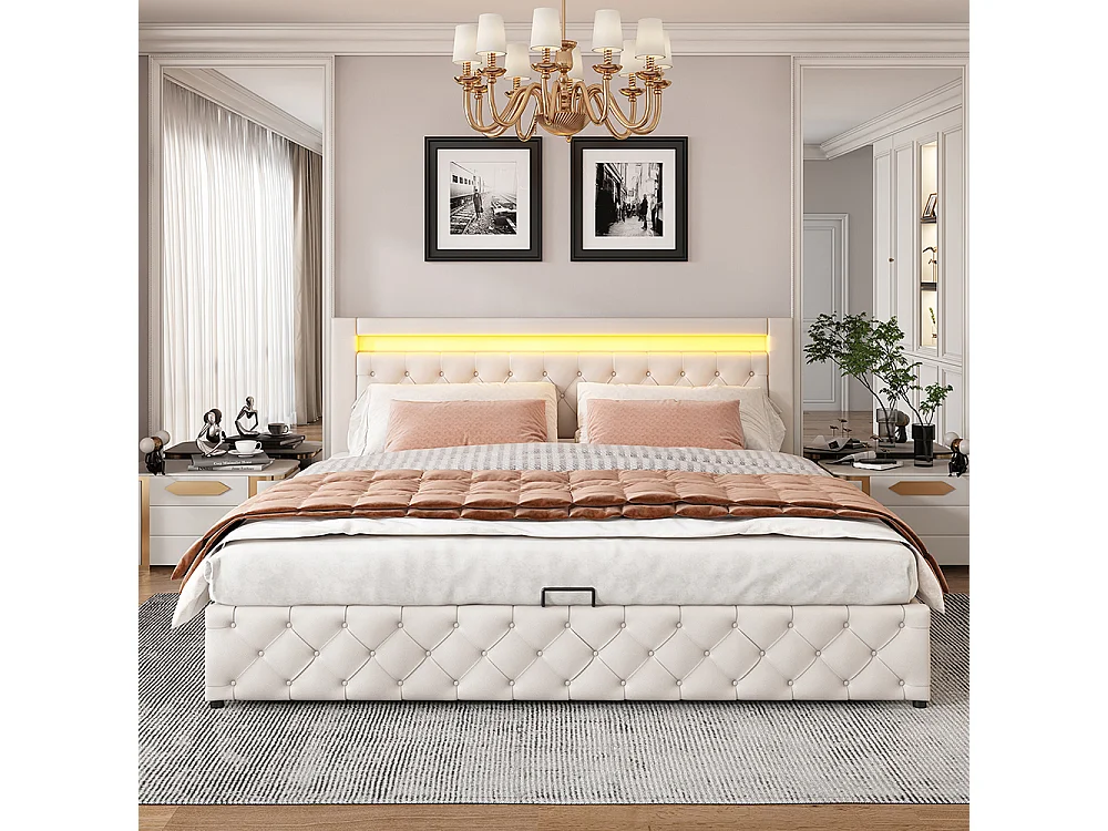 Lit adulte rembourré 180x200 cm, Lit coffre avec éclairage LED, sommier à lattes, rangement hydraulique, tissu en PU, blanc