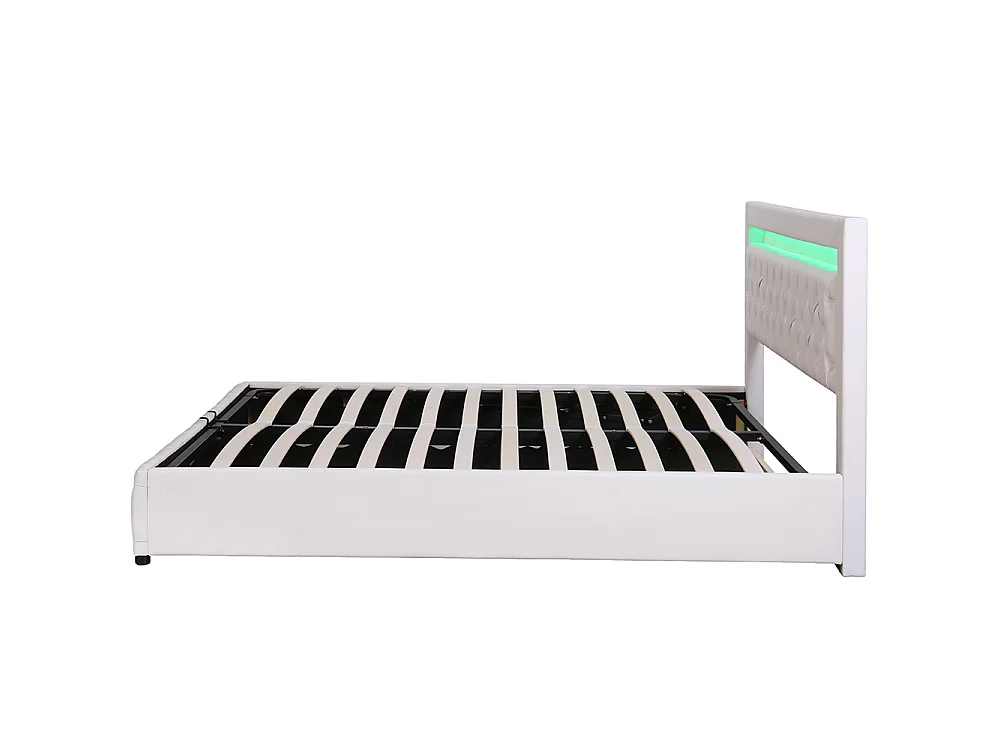 Lit adulte rembourré 180x200 cm, Lit coffre avec éclairage LED, sommier à lattes, rangement hydraulique, tissu en PU, blanc