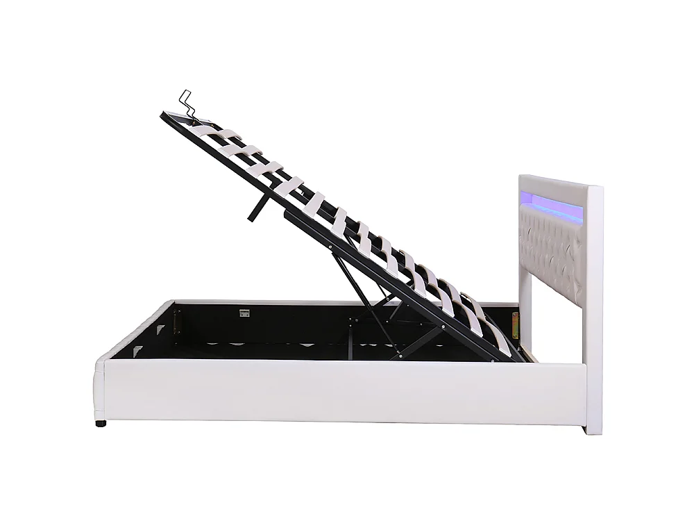 Lit adulte rembourré 180x200 cm, Lit coffre avec éclairage LED, sommier à lattes, rangement hydraulique, tissu en PU, blanc