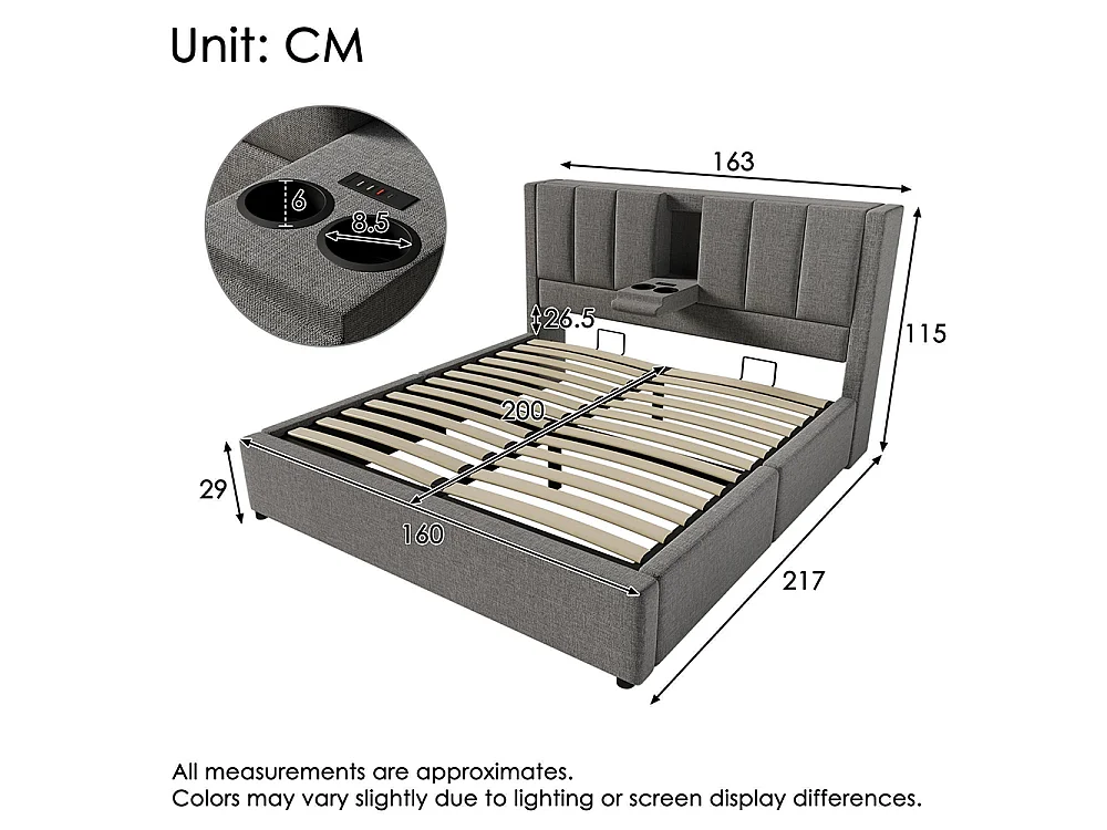 Lit coffre rembourré 160x200 cm avec porte-gobelet - Ports USB et Type C - Lit hydraulique avec rangement - Lin - Gris