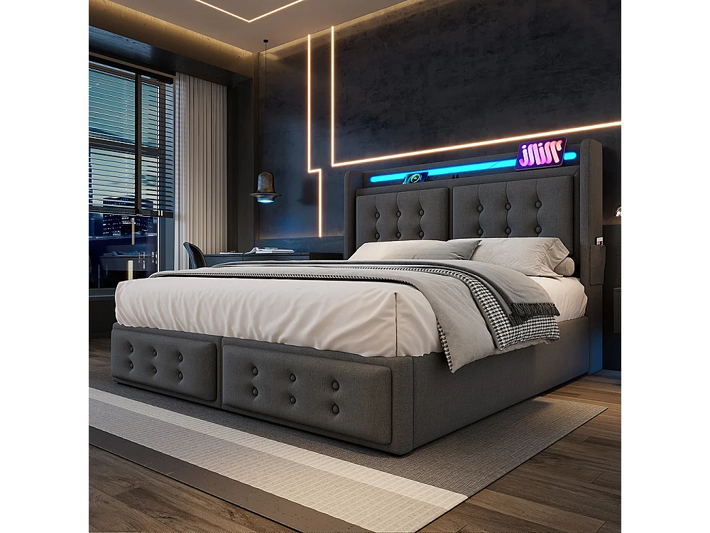 Lit Coffre 160 x 200 cm - avec LED et port USB-C - Tête de lit capitonné avec étagères ouvertes - Sommier à lattes - Gris - Coton