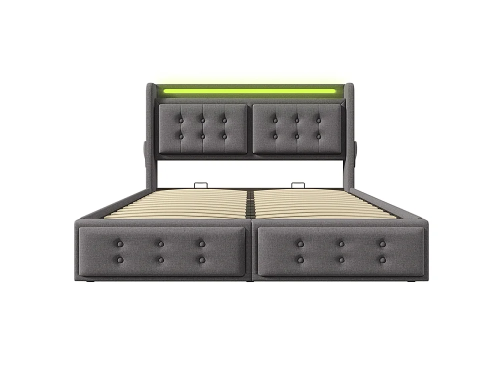 Lit Coffre 160 x 200 cm - avec LED et port USB-C - Tête de lit capitonné avec étagères ouvertes - Sommier à lattes - Gris - Coton