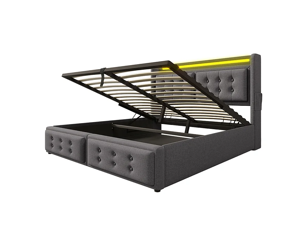 Lit Coffre 160 x 200 cm - avec LED et port USB-C - Tête de lit capitonné avec étagères ouvertes - Sommier à lattes - Gris - Coton