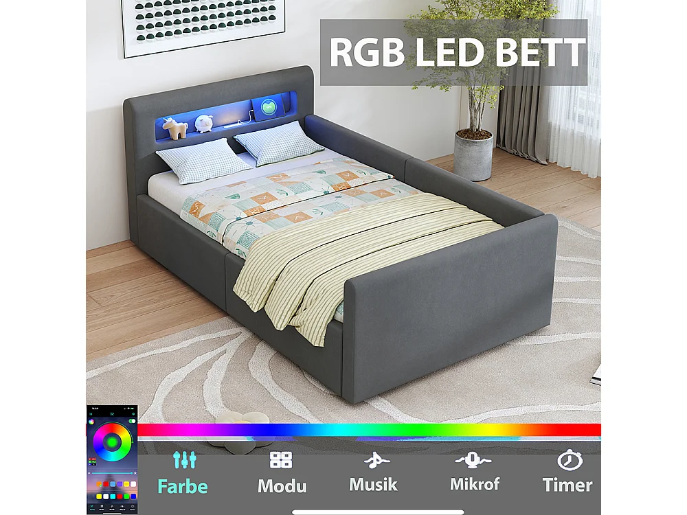 Lit enfant rembourré 90 x 200 cm - lumière LED - port USB - rangement hydraulique - compartiments de rangement - tissu velours - gris foncé