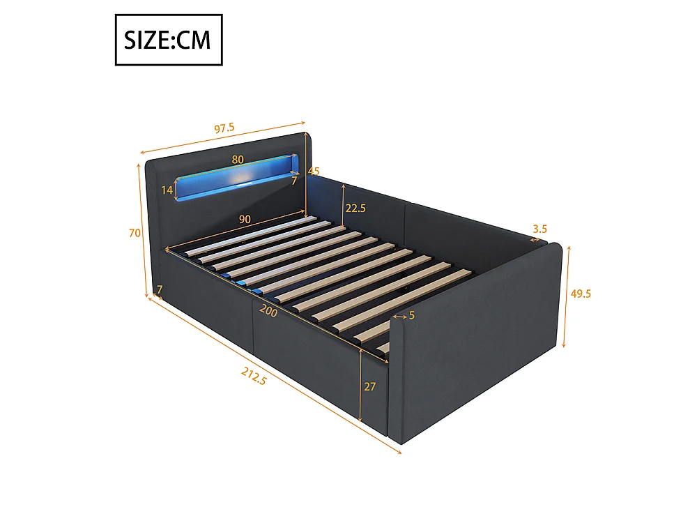 Lit enfant rembourré 90 x 200 cm - lumière LED - port USB - rangement hydraulique - compartiments de rangement - tissu velours - gris foncé