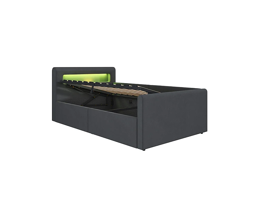 Lit enfant rembourré 90 x 200 cm - lumière LED - port USB - rangement hydraulique - compartiments de rangement - tissu velours - gris foncé