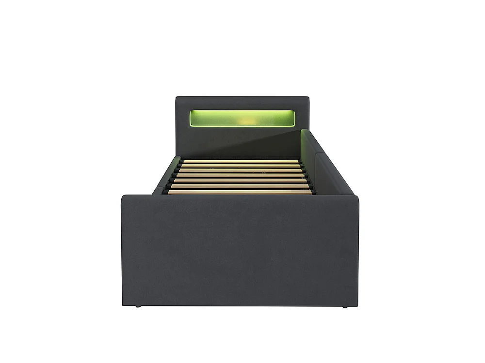 Lit enfant rembourré 90 x 200 cm - lumière LED - port USB - rangement hydraulique - compartiments de rangement - tissu velours - gris foncé