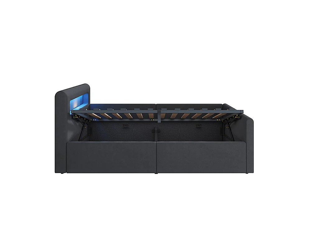 Lit enfant rembourré 90 x 200 cm - lumière LED - port USB - rangement hydraulique - compartiments de rangement - tissu velours - gris foncé