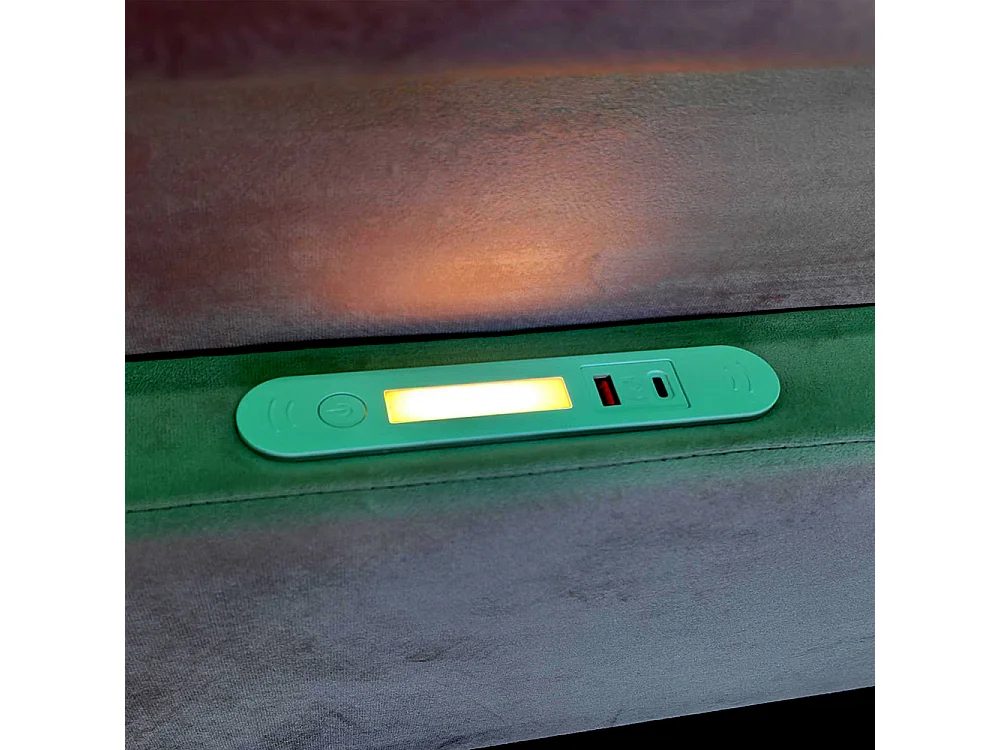 Lit enfant rembourré 90 x 200 cm - lumière LED - port USB - rangement hydraulique - compartiments de rangement - tissu velours - gris foncé