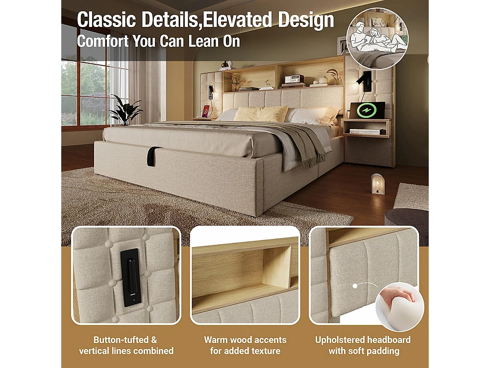 Lit coffre 180 x 200 cm avec éclairage LED et 2 lampes de lecture rotatives, 2 tables de chevet, USB Type-C, Tissu en lin, Sommier à lattes, Beige