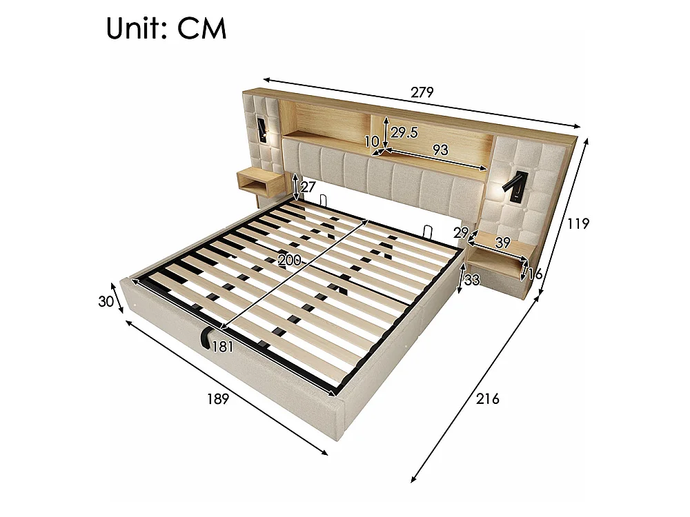 Lit coffre 180 x 200 cm avec éclairage LED et 2 lampes de lecture rotatives, 2 tables de chevet, USB Type-C, Tissu en lin, Sommier à lattes, Beige