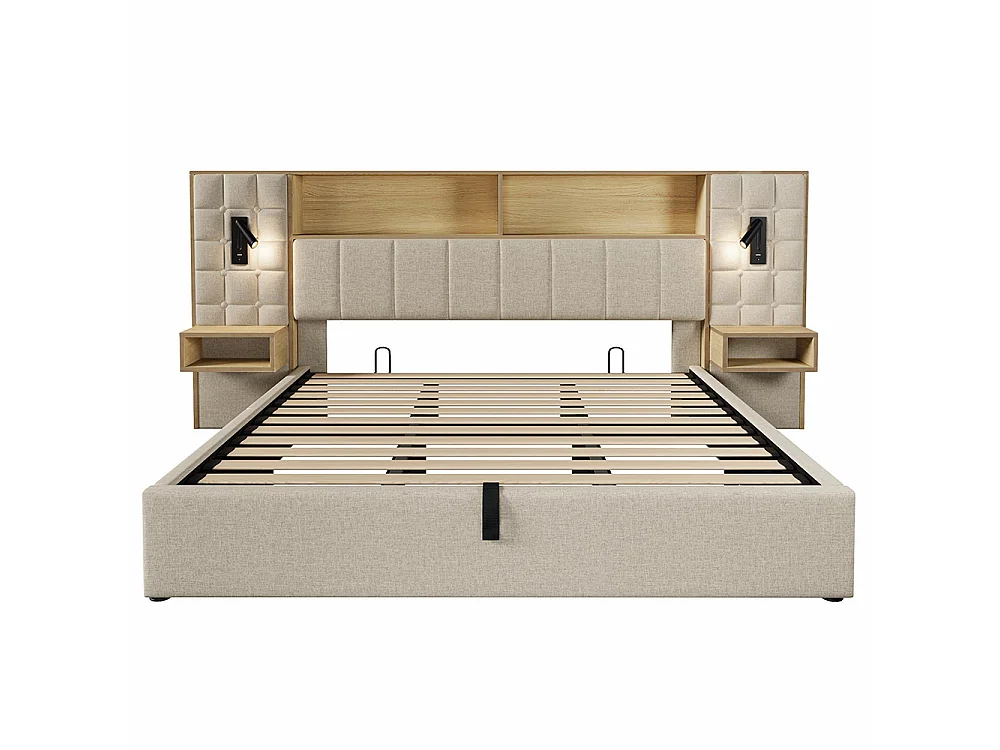 Lit coffre 180 x 200 cm avec éclairage LED et 2 lampes de lecture rotatives, 2 tables de chevet, USB Type-C, Tissu en lin, Sommier à lattes, Beige