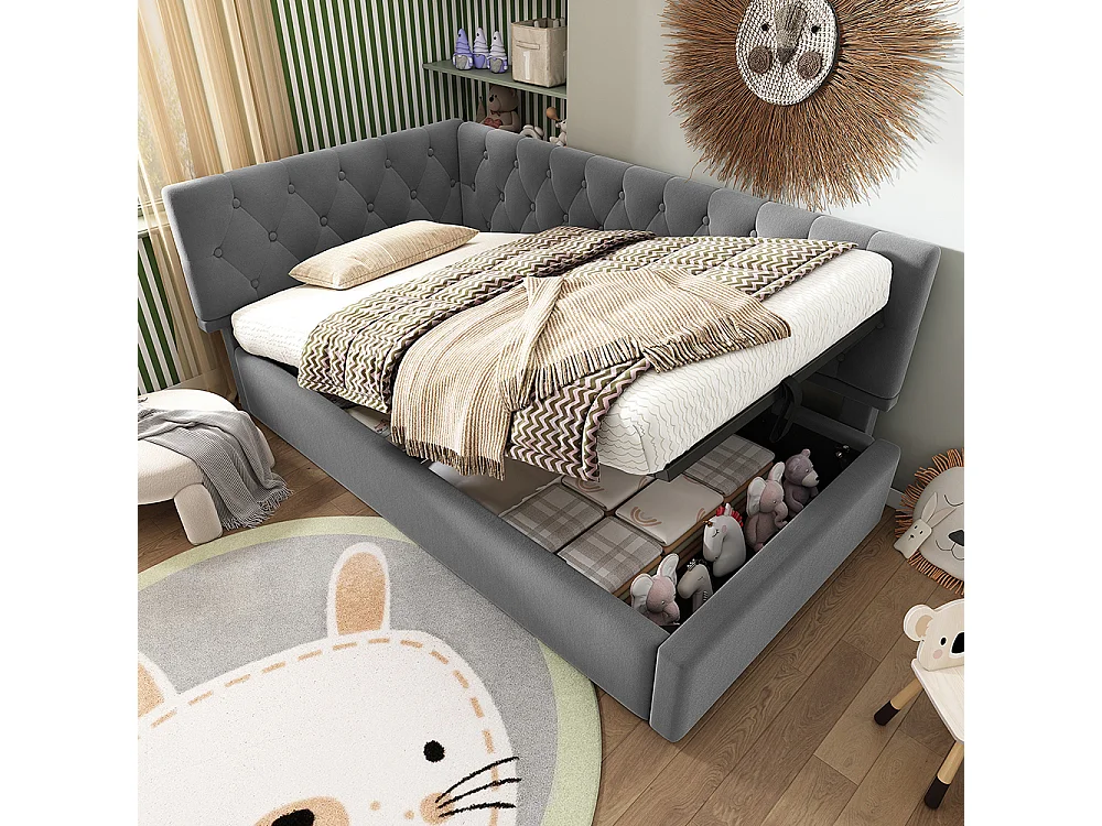 Lit coffre rembourré 90x190 cm - Canapé-lit avec rangement hydraulique - Lit enfant - Sommier à lattes - Velours - Gris