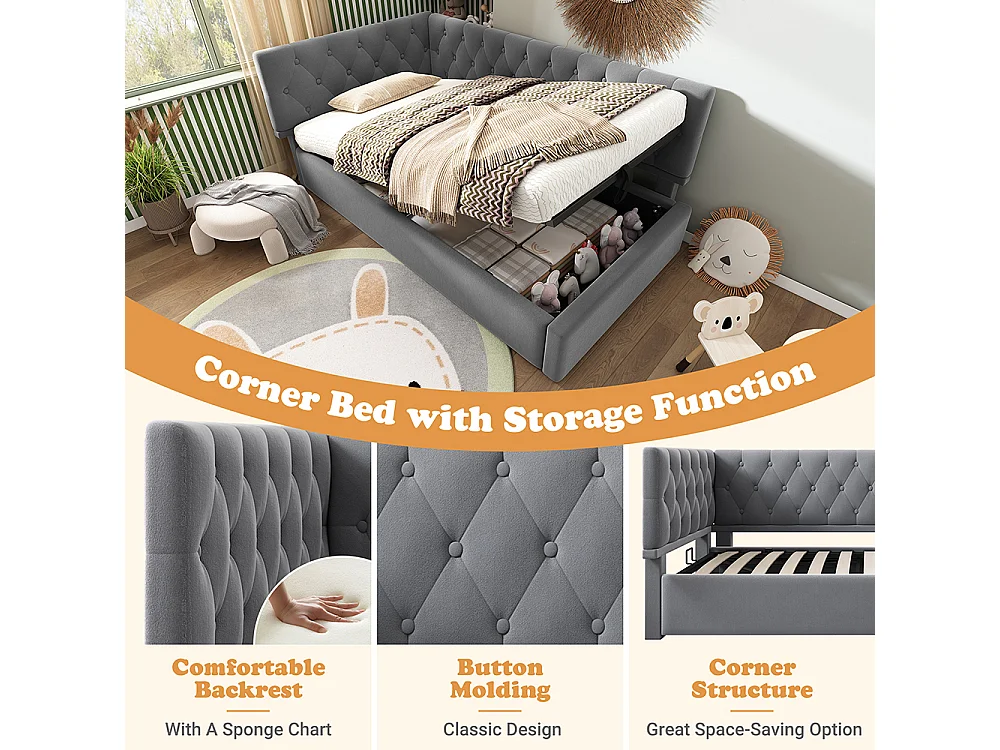 Lit coffre rembourré 90x190 cm - Canapé-lit avec rangement hydraulique - Lit enfant - Sommier à lattes - Velours - Gris