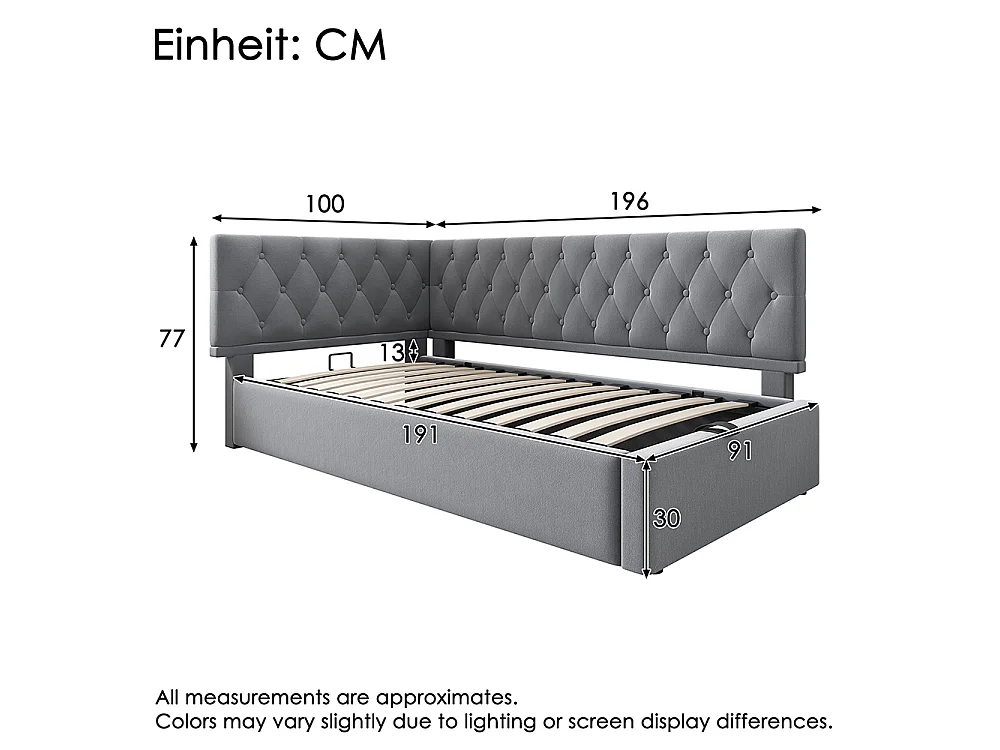 Lit coffre rembourré 90x190 cm - Canapé-lit avec rangement hydraulique - Lit enfant - Sommier à lattes - Velours - Gris