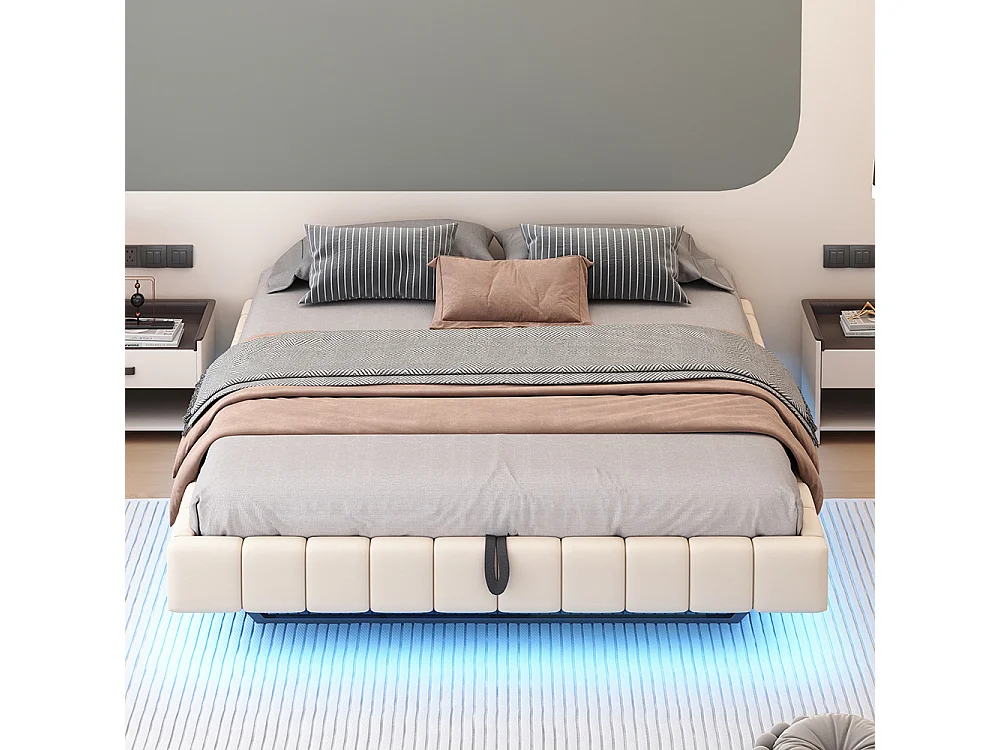 Lit coffre - 180x200 - Lin beige - Éclairage LED réglable - Rangement hydraulique - Sommier inclus