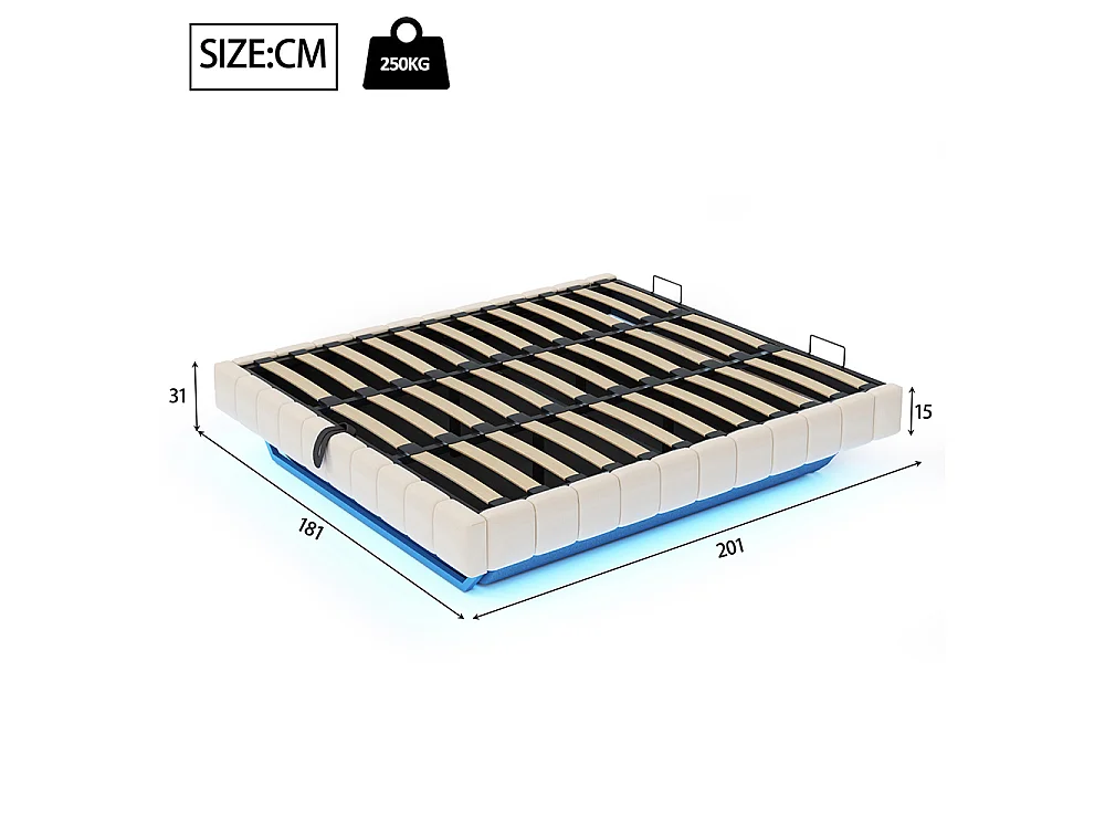 Lit coffre - 180x200 - Lin beige - Éclairage LED réglable - Rangement hydraulique - Sommier inclus
