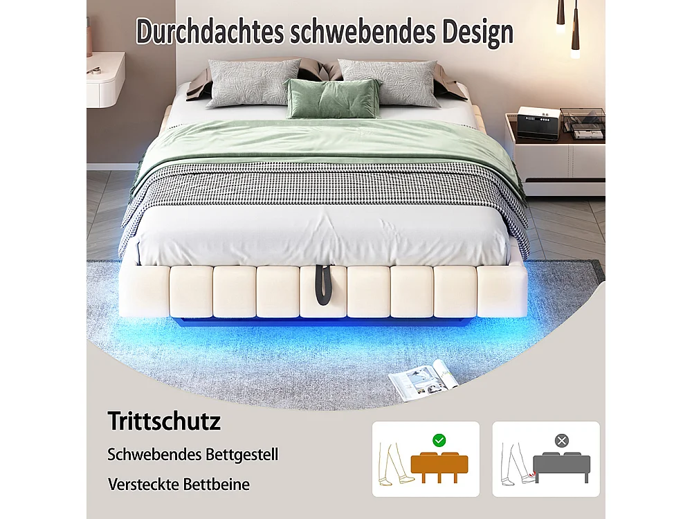 Lit coffre - 180x200 - Lin beige - Éclairage LED réglable - Rangement hydraulique - Sommier inclus