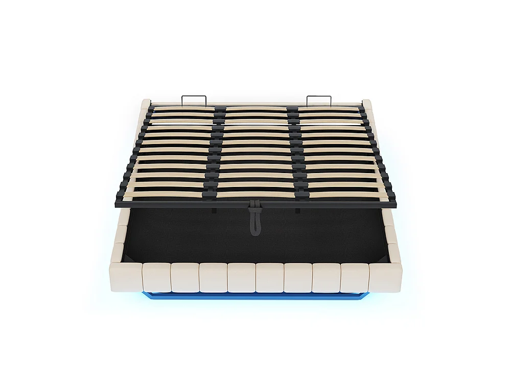 Lit coffre - 180x200 - Lin beige - Éclairage LED réglable - Rangement hydraulique - Sommier inclus