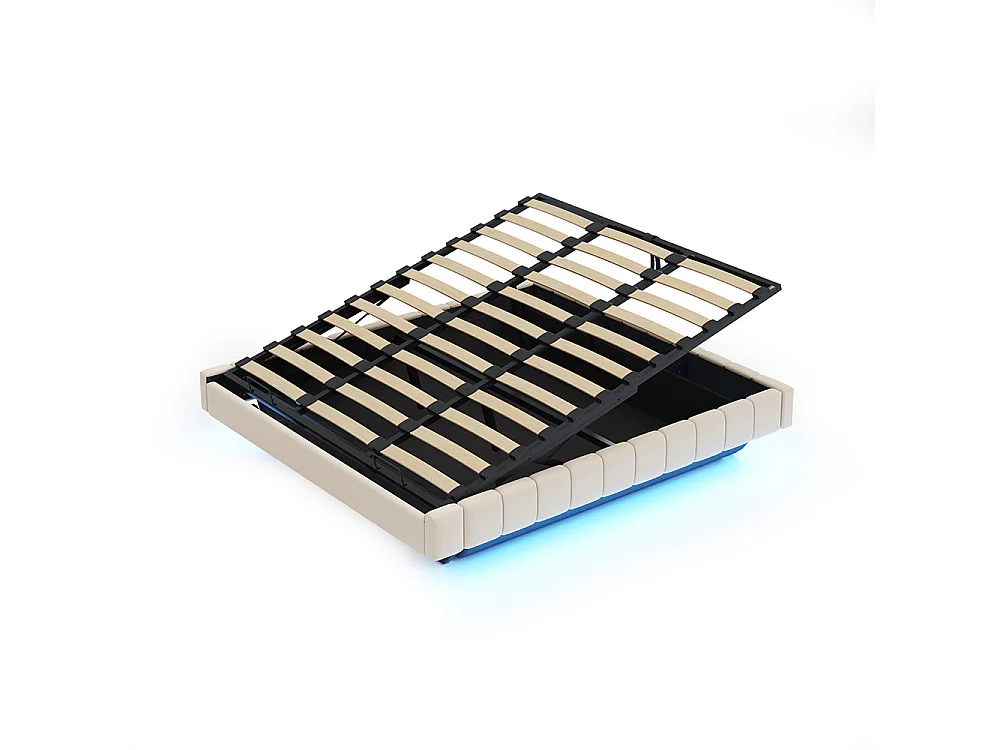 Lit coffre - 180x200 - Lin beige - Éclairage LED réglable - Rangement hydraulique - Sommier inclus