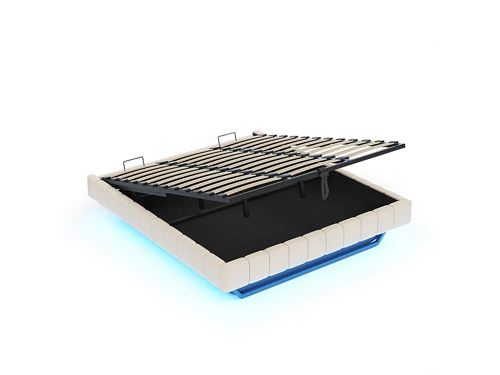 Lit coffre - 180x200 - Lin beige - Éclairage LED réglable - Rangement hydraulique - Sommier inclus