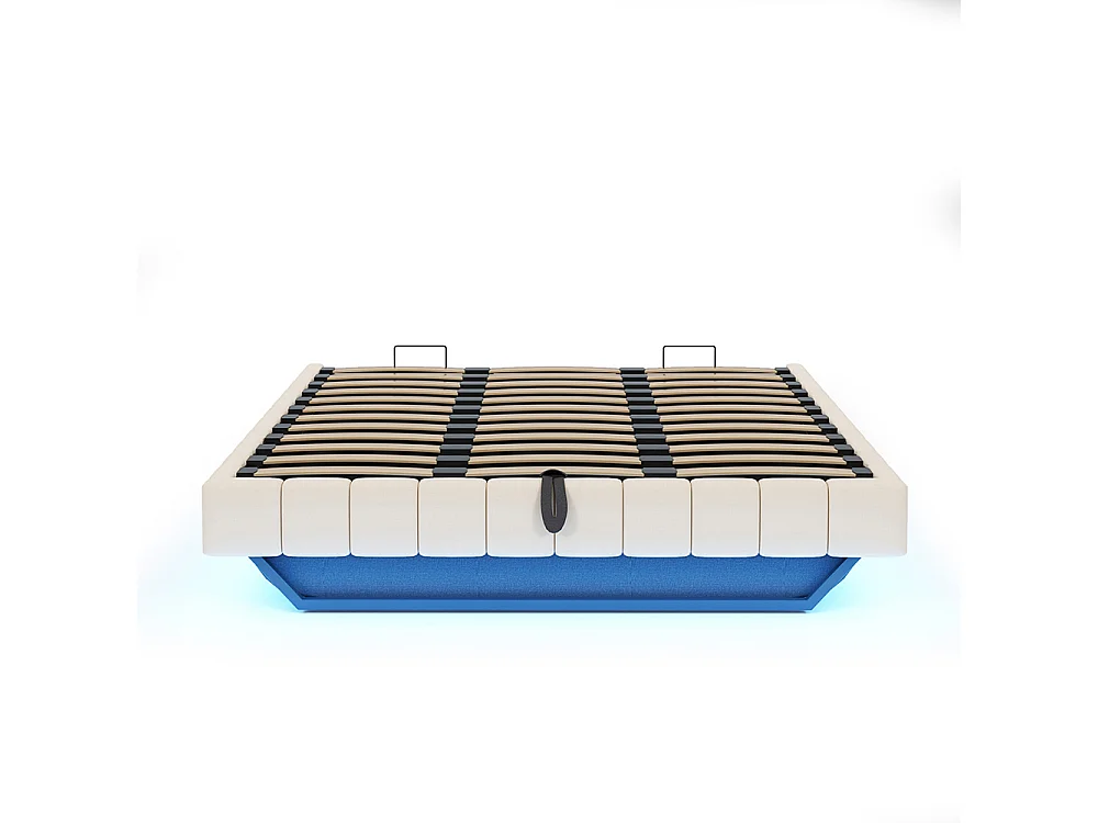Lit coffre - 180x200 - Lin beige - Éclairage LED réglable - Rangement hydraulique - Sommier inclus